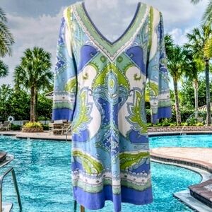 Vintage Barbara Gerwit V-Neck Cotton/Lycra Midi Abstract Floral Paisley Dress L